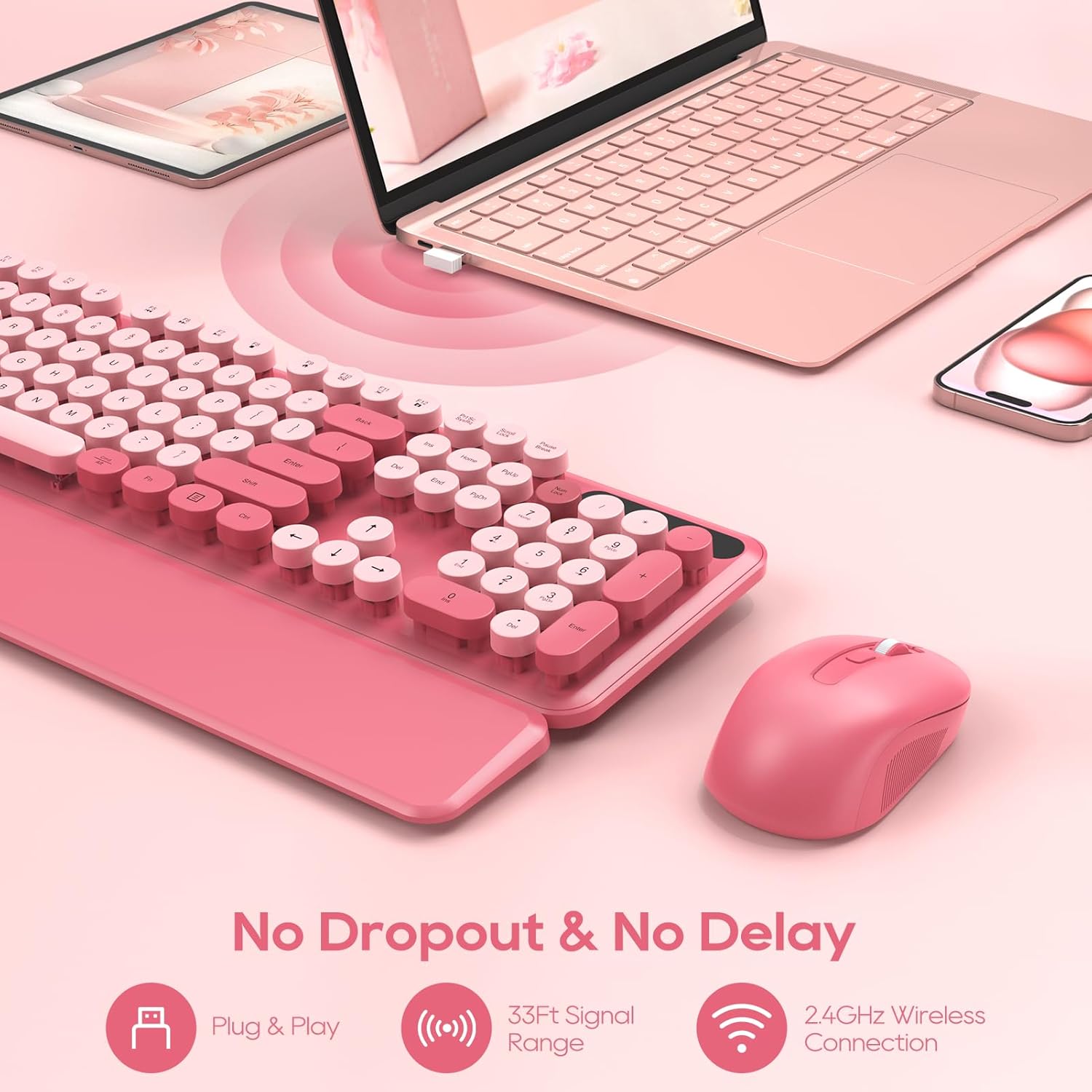 Sablute Wireless Keyboard and Mouse Combo with Retro Round Kecaps CK23