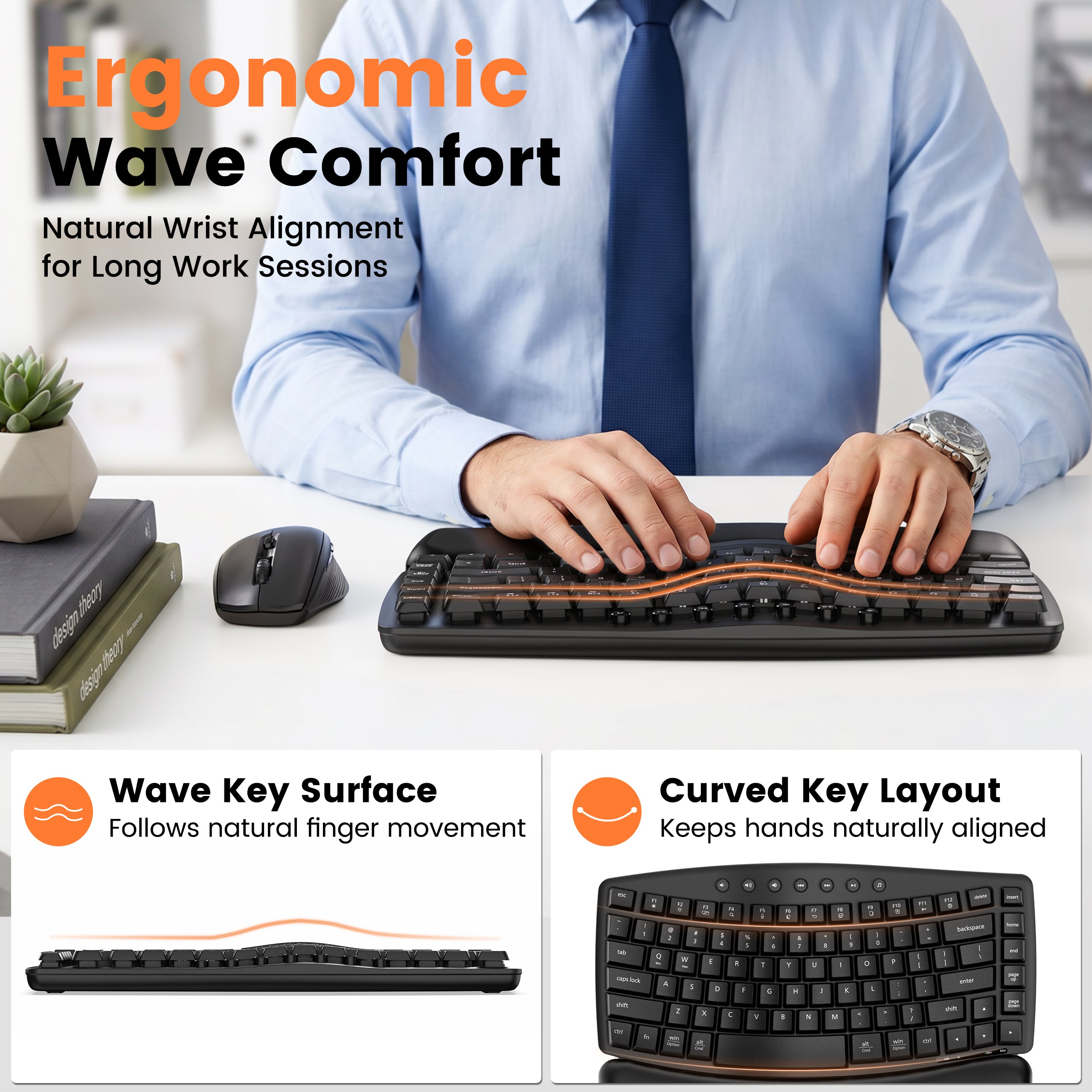 Padded PU wrist rest, low-noise typing up to 30 dB, one 2.4G USB-A/USB-C receiver, quiet left/right clicks for office work