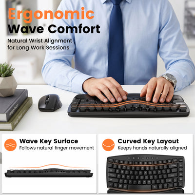 Padded PU wrist rest, low-noise typing up to 30 dB, one 2.4G USB-A/USB-C receiver, quiet left/right clicks for office work