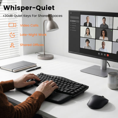 Padded PU wrist rest, low-noise typing up to 30 dB, one 2.4G USB-A/USB-C receiver, quiet left/right clicks for office work