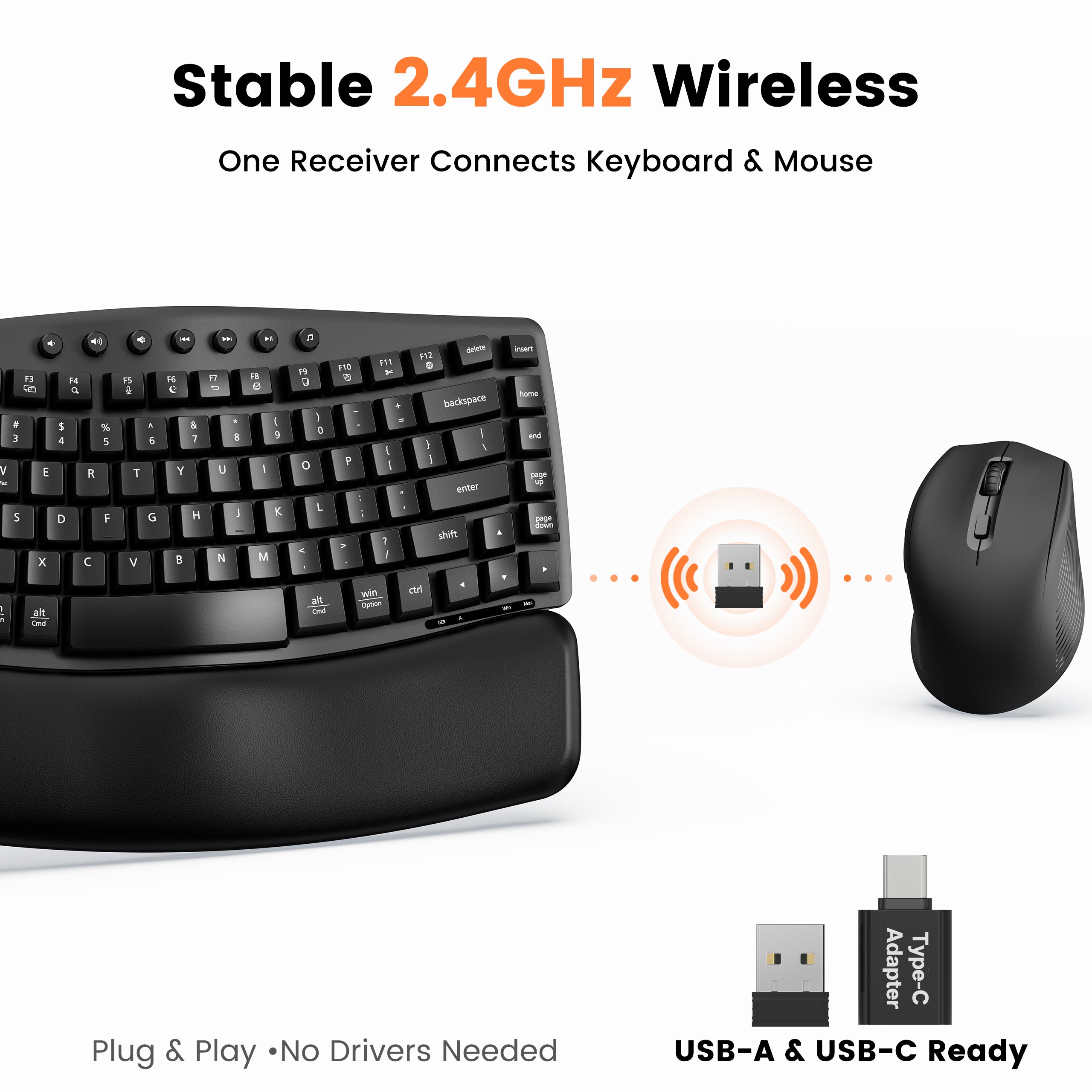Padded PU wrist rest, low-noise typing up to 30 dB, one 2.4G USB-A/USB-C receiver, quiet left/right clicks for office work