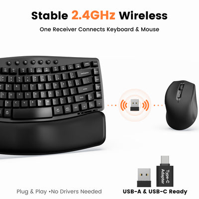 Padded PU wrist rest, low-noise typing up to 30 dB, one 2.4G USB-A/USB-C receiver, quiet left/right clicks for office work
