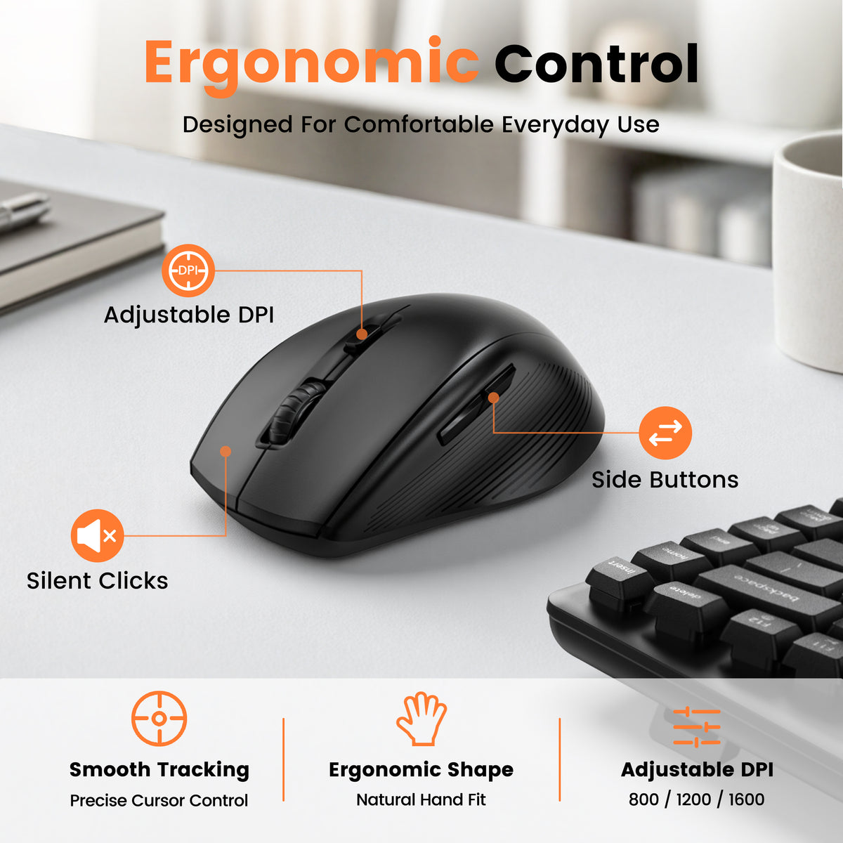 Padded PU wrist rest, low-noise typing up to 30 dB, one 2.4G USB-A/USB-C receiver, quiet left/right clicks for office work