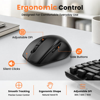 Padded PU wrist rest, low-noise typing up to 30 dB, one 2.4G USB-A/USB-C receiver, quiet left/right clicks for office work