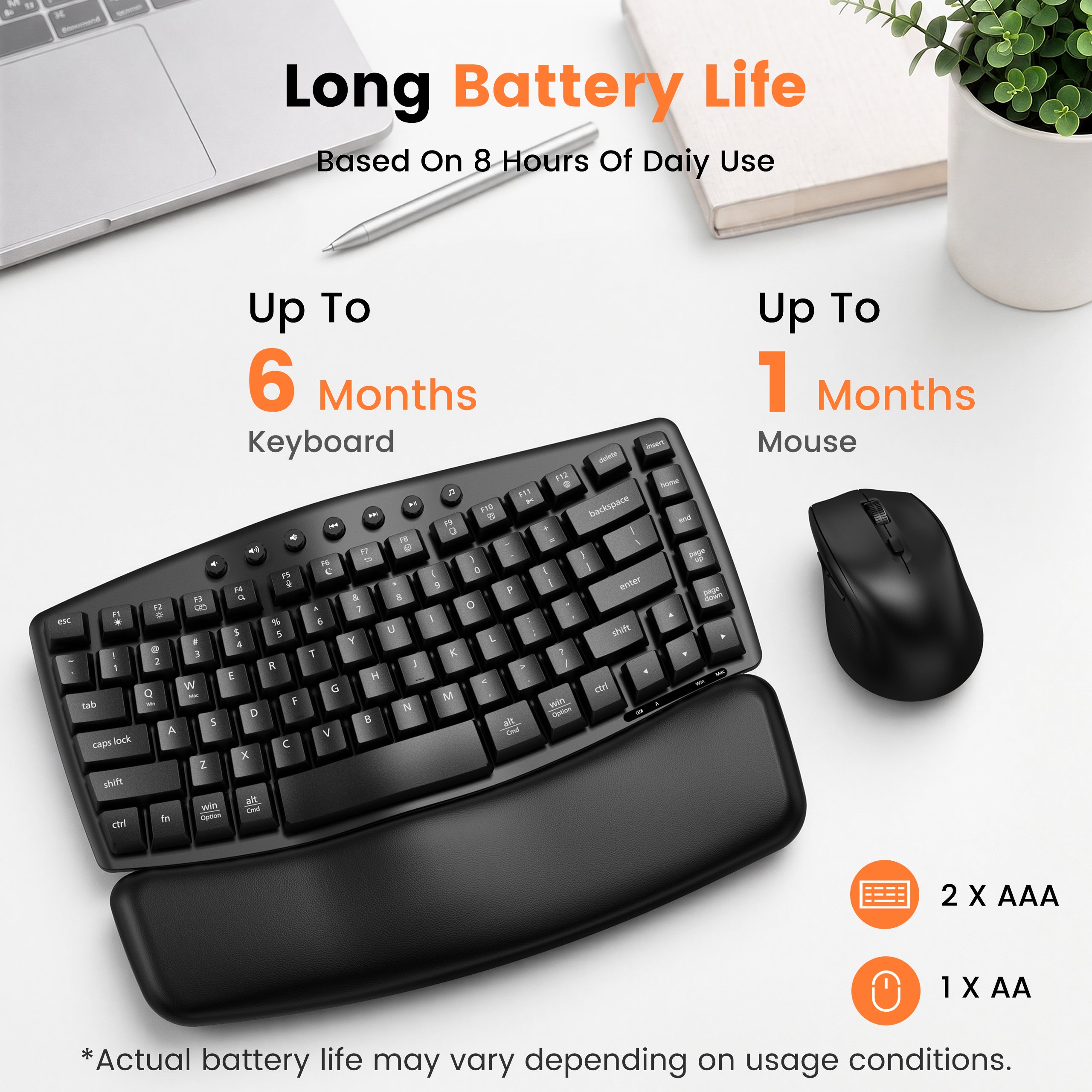 Padded PU wrist rest, low-noise typing up to 30 dB, one 2.4G USB-A/USB-C receiver, quiet left/right clicks for office work