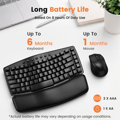 Padded PU wrist rest, low-noise typing up to 30 dB, one 2.4G USB-A/USB-C receiver, quiet left/right clicks for office work
