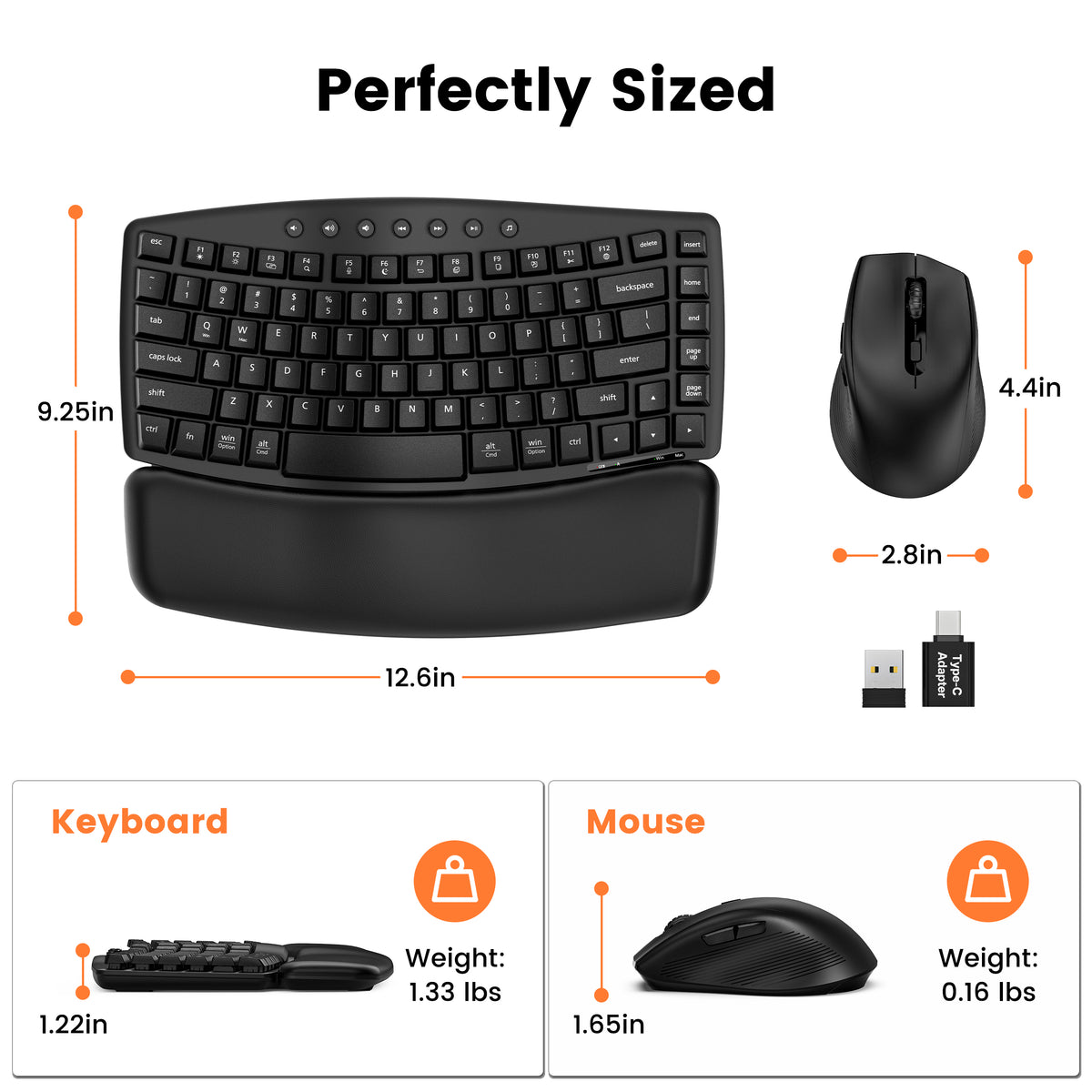 Padded PU wrist rest, low-noise typing up to 30 dB, one 2.4G USB-A/USB-C receiver, quiet left/right clicks for office work