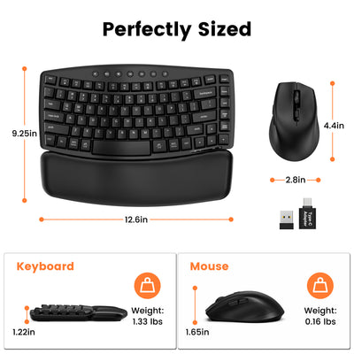 Padded PU wrist rest, low-noise typing up to 30 dB, one 2.4G USB-A/USB-C receiver, quiet left/right clicks for office work