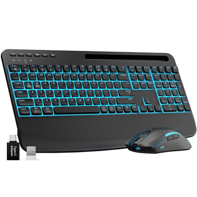 Sablute Backlit Wireless Keyboard and Mouse Combo with Palm Rest Silent for Office and Home KM25Pro CE1545 Black