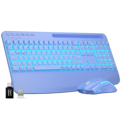 Sablute Backlit Wireless Keyboard and Mouse Combo with Palm Rest Silent for Office and Home KM25Pro CE1545 Purple