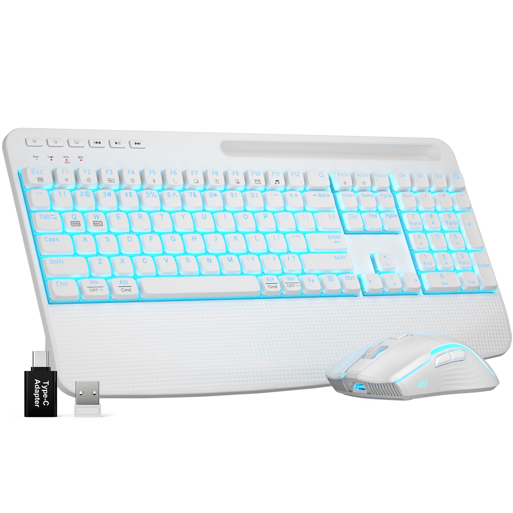 Sablute Backlit Wireless Keyboard and Mouse Combo with Palm Rest Silent for Office and Home KM25Pro CE1545 White