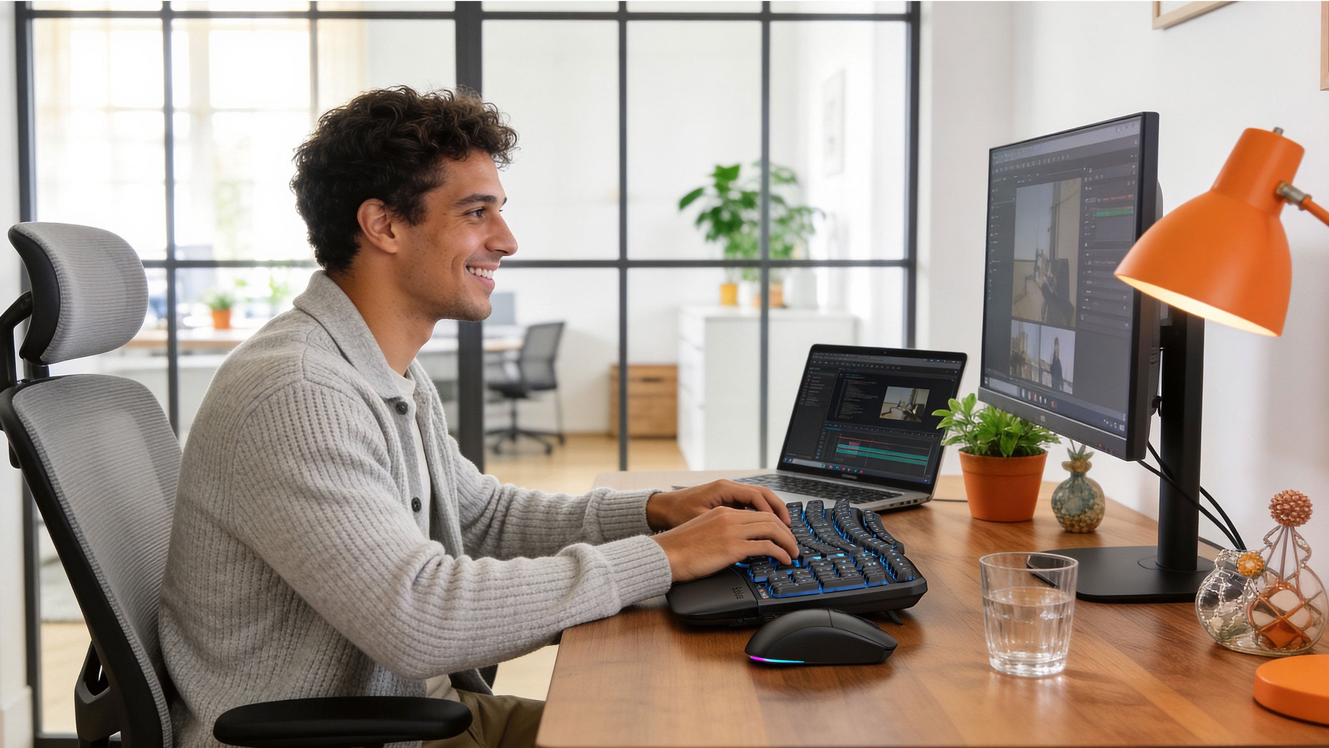 Man working at a home office desk with a laptop, monitor, and Sablute ergonomic wireless keyboard and mouse combo.
