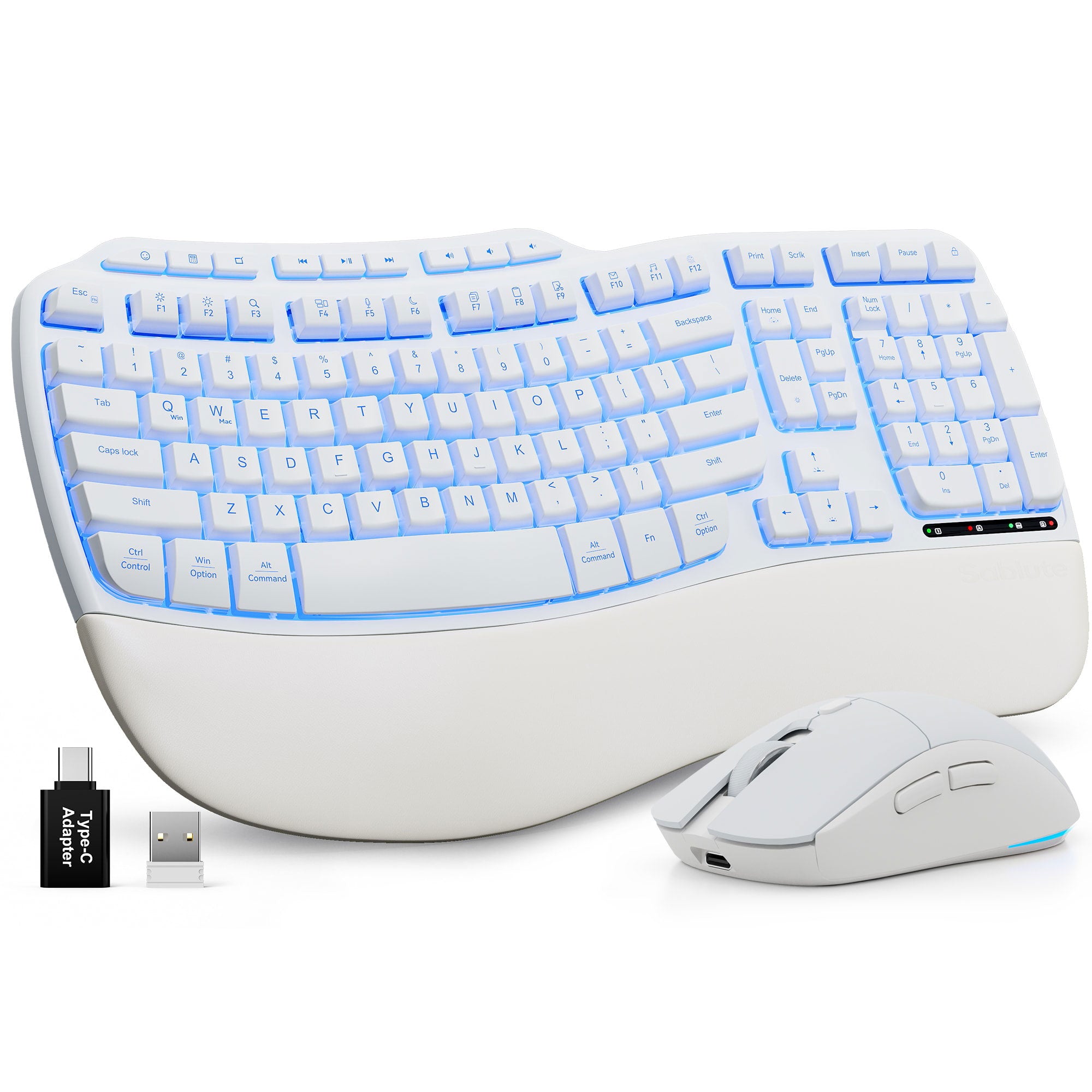 Sablute Full Size 100 Percent Layout Ergonomic Wave Keys Wireless Keyboard and Mouse Combo MA31 Pro CE1551 White