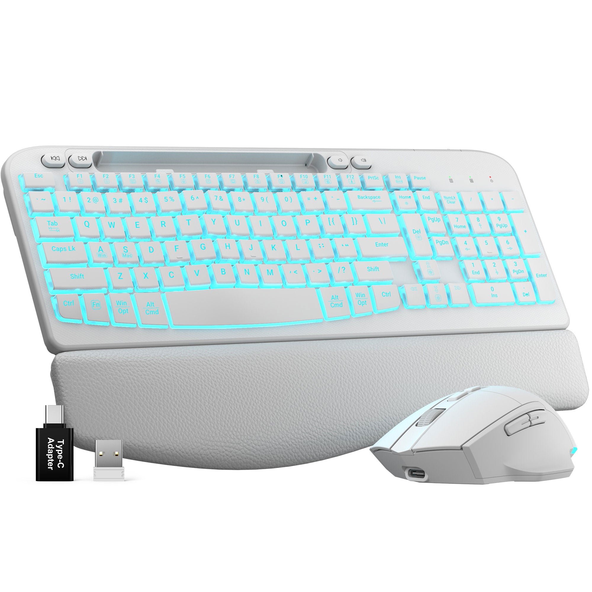 Sablute Full Size 100 Percent Layout Wave Keys Wireless Backlit Keyboard and Mouse Combo MA22 Pro CE1527 White
