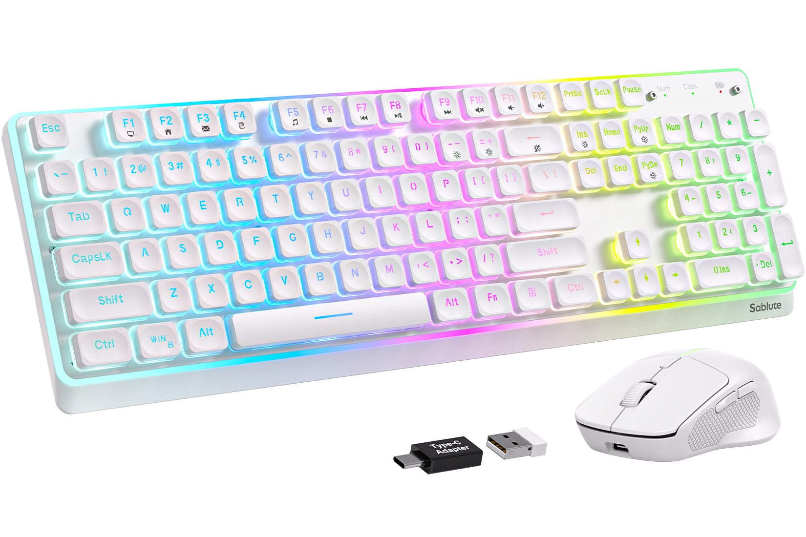 Wireless Keyboard and Mouse Combo, RGB Backlit, 10 Effects, Pudding Keycaps, Full Size, Double-Shot Keycaps, Metal Panel, Rechargeable, Long-Lasting Battery, 2.4GHz Stable Wireless, USB-C Adapter
