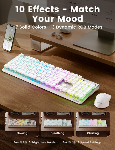 Wireless Keyboard and Mouse Combo, RGB Backlit, 10 Effects, Pudding Keycaps, Full Size, Double-Shot Keycaps, Metal Panel, Rechargeable, Long-Lasting Battery, 2.4GHz Stable Wireless, USB-C Adapter