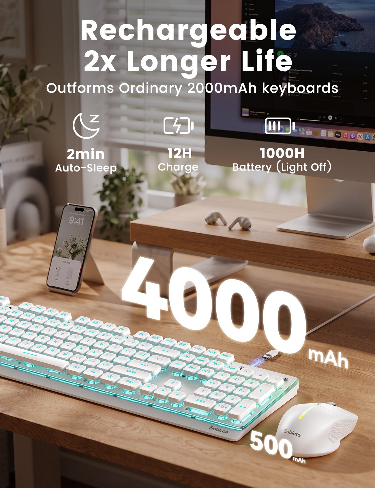 Wireless Keyboard and Mouse Combo, RGB Backlit, 10 Effects, Pudding Keycaps, Full Size, Double-Shot Keycaps, Metal Panel, Rechargeable, Long-Lasting Battery, 2.4GHz Stable Wireless, USB-C Adapter
