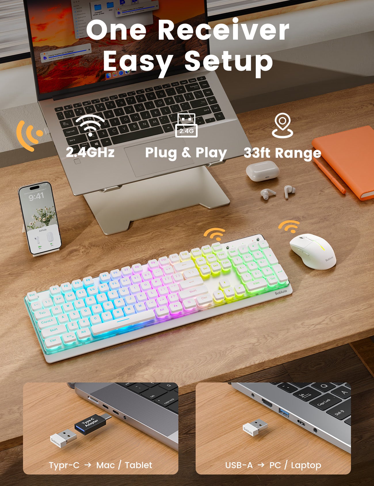 Wireless Keyboard and Mouse Combo, RGB Backlit, 10 Effects, Pudding Keycaps, Full Size, Double-Shot Keycaps, Metal Panel, Rechargeable, Long-Lasting Battery, 2.4GHz Stable Wireless, USB-C Adapter
