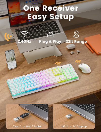 Wireless Keyboard and Mouse Combo, RGB Backlit, 10 Effects, Pudding Keycaps, Full Size, Double-Shot Keycaps, Metal Panel, Rechargeable, Long-Lasting Battery, 2.4GHz Stable Wireless, USB-C Adapter
