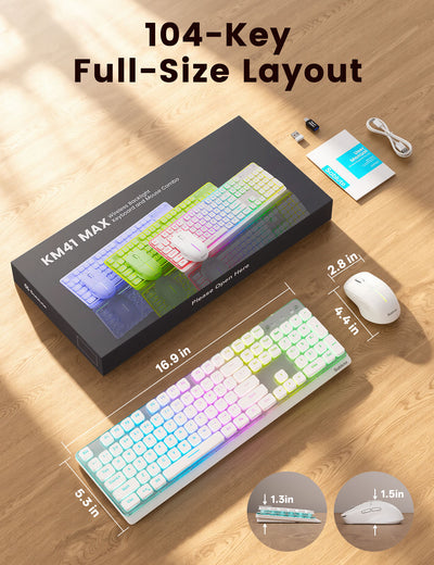 Wireless Keyboard and Mouse Combo, RGB Backlit, 10 Effects, Pudding Keycaps, Full Size, Double-Shot Keycaps, Metal Panel, Rechargeable, Long-Lasting Battery, 2.4GHz Stable Wireless, USB-C Adapter