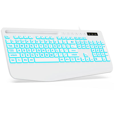 Sablute Large Print Backlit Wired USB Keyboard with Tablet Holder K21PRO CE1488 White
