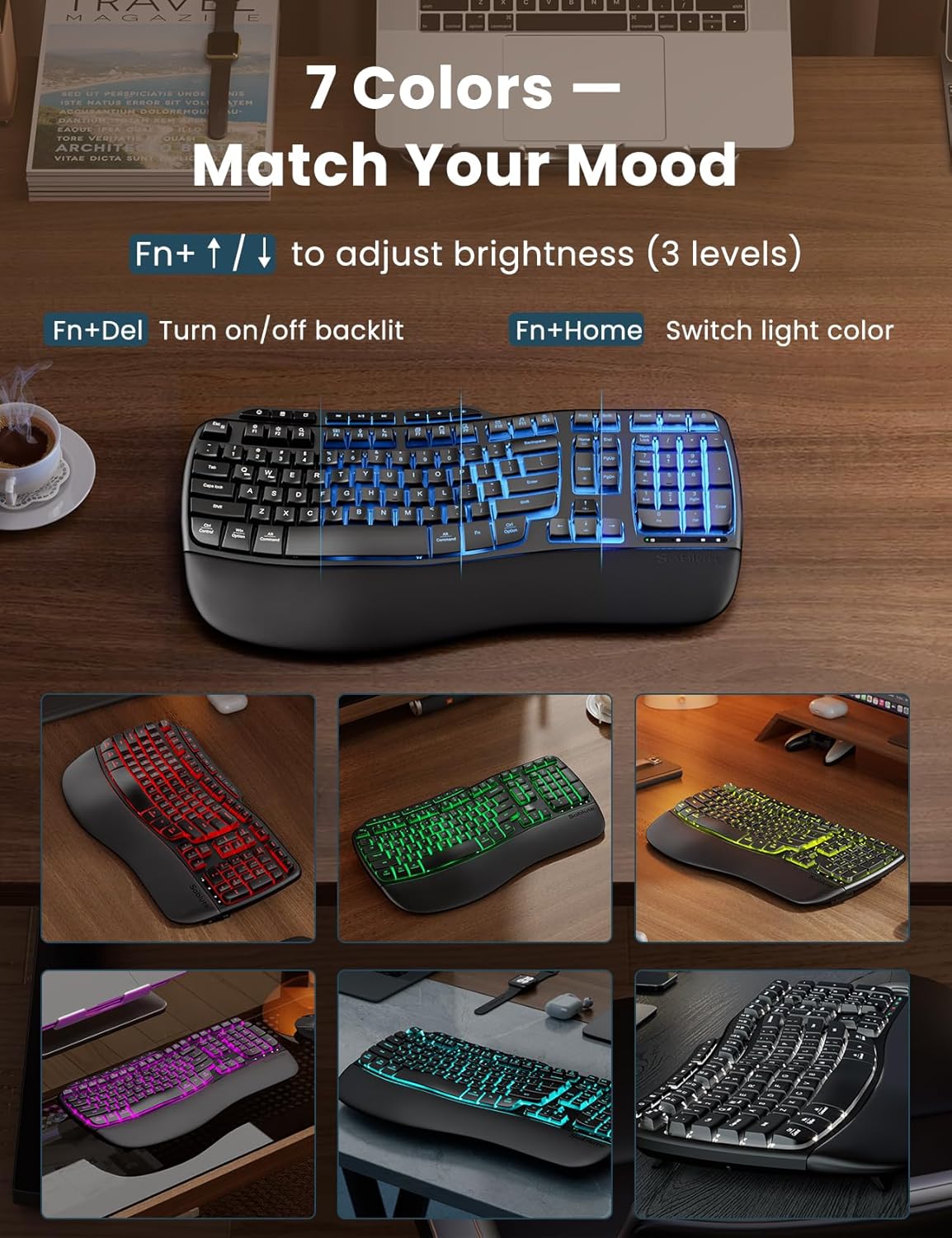 Sablute Ergonomic Wave Keys Wireless Backlit Keyboard and Mouse