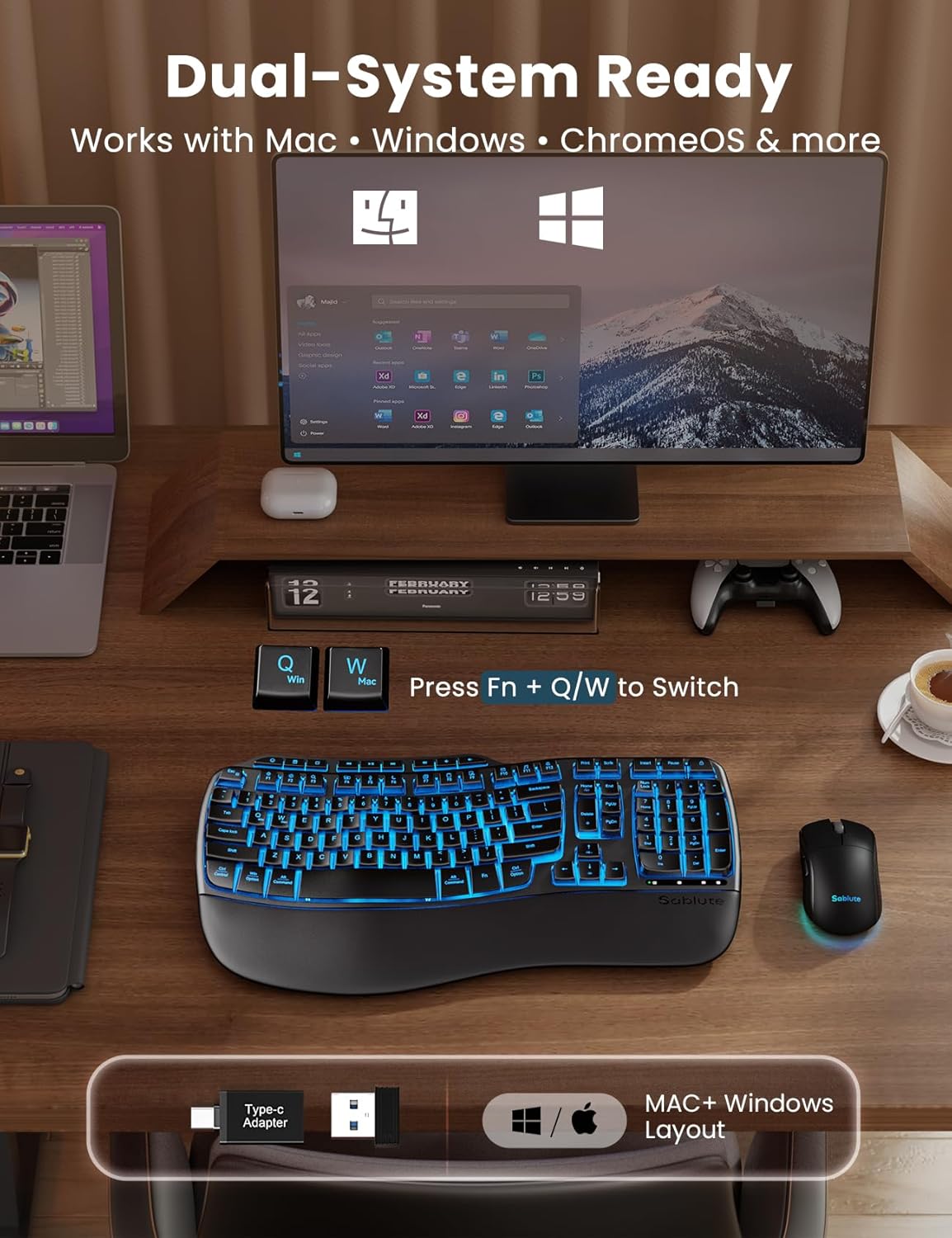 Ergonomic Wave Keys Wireless Keyboard and Mouse Combo MA31 Pro