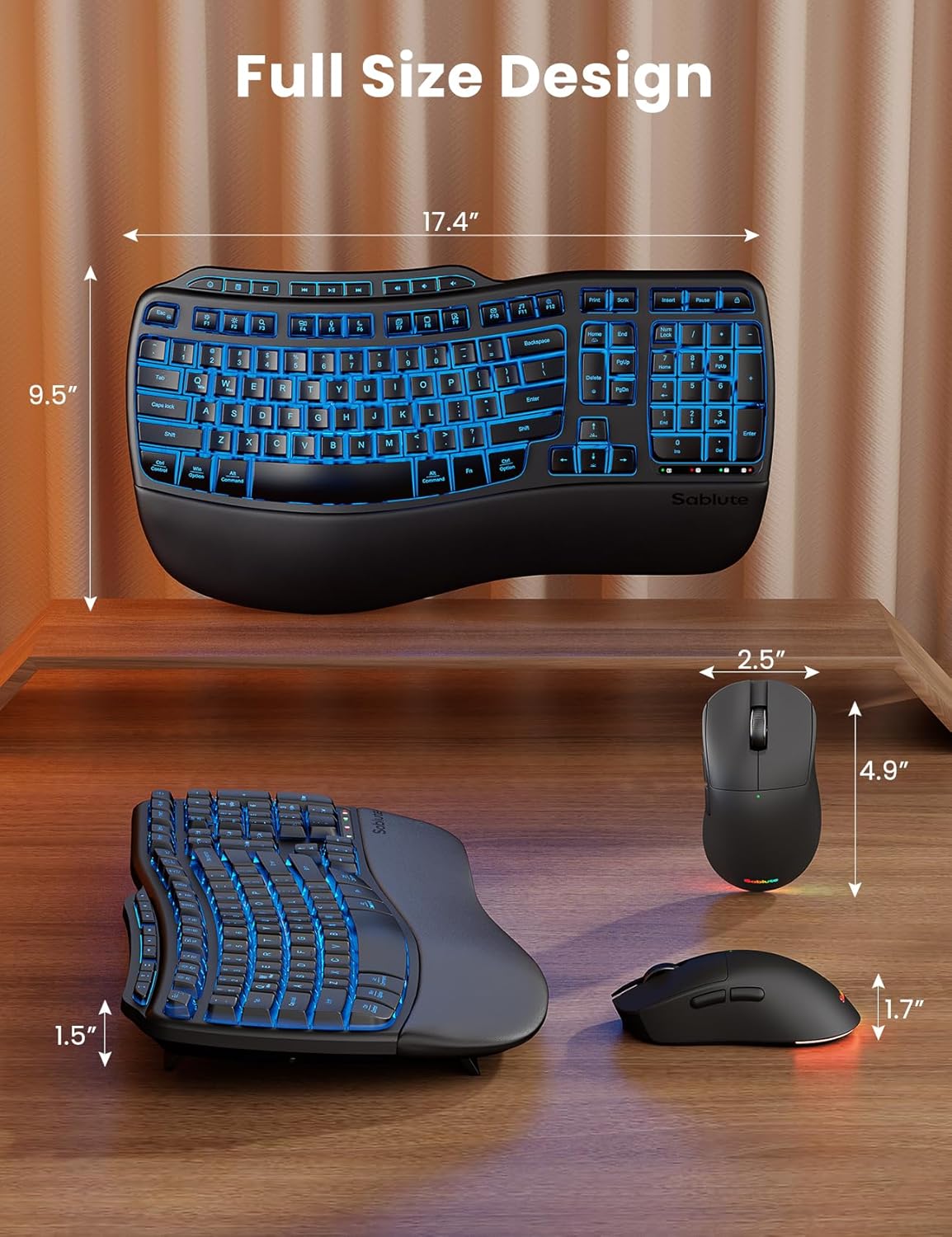 Sablute Ergonomic Wave Keys Wireless Backlit Keyboard and Mouse