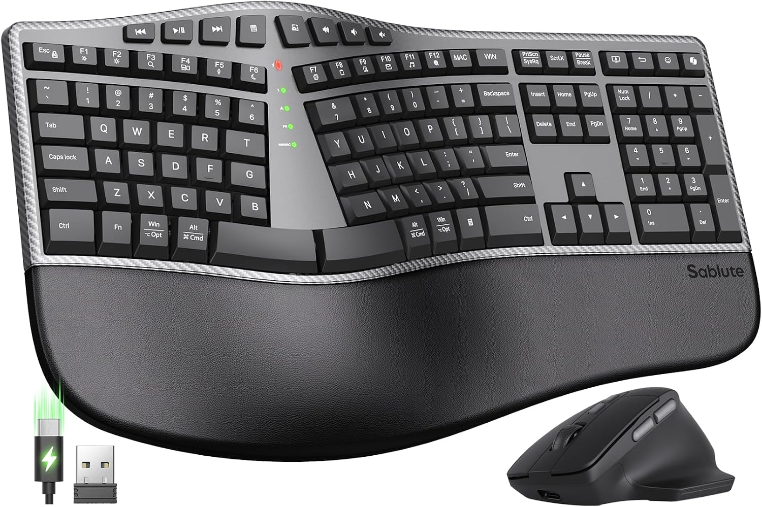 Full-Size Wireless Split Curved Keyboard, Cushioned Wrist Rest, 2.4GHz, USB-C Rechargeable, Shortcut & Emoji Keys, Win/Mac