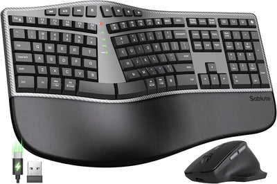 Full-Size Wireless Split Curved Keyboard, Cushioned Wrist Rest, 2.4GHz, USB-C Rechargeable, Shortcut & Emoji Keys, Win/Mac