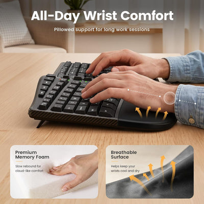 Full-Size Wireless Split Curved Keyboard, Cushioned Wrist Rest, 2.4GHz, USB-C Rechargeable, Shortcut & Emoji Keys, Win/Mac