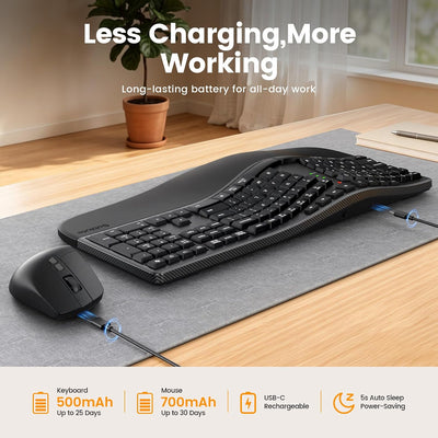 Full-Size Wireless Split Curved Keyboard, Cushioned Wrist Rest, 2.4GHz, USB-C Rechargeable, Shortcut & Emoji Keys, Win/Mac
