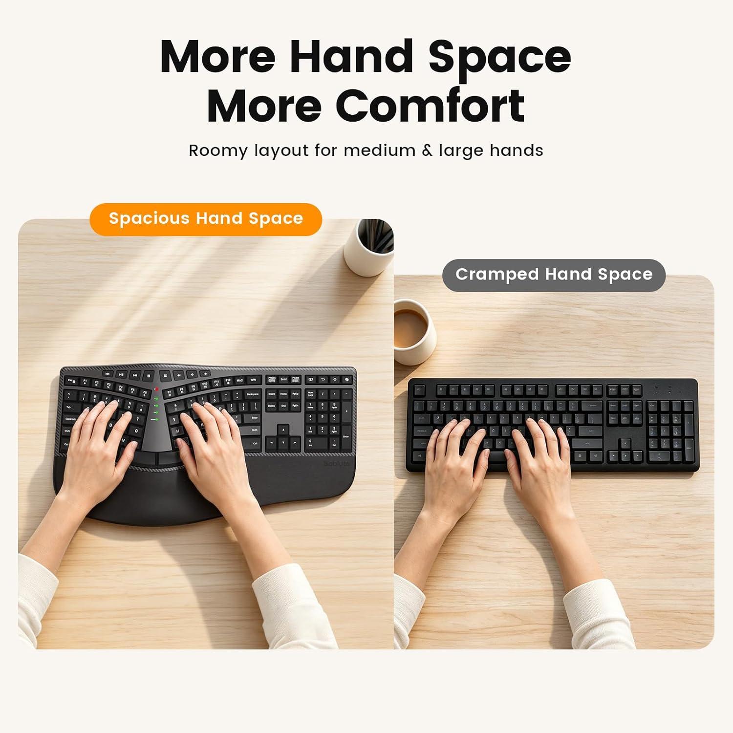 Full-Size Wireless Split Curved Keyboard, Cushioned Wrist Rest, 2.4GHz, USB-C Rechargeable, Shortcut & Emoji Keys, Win/Mac