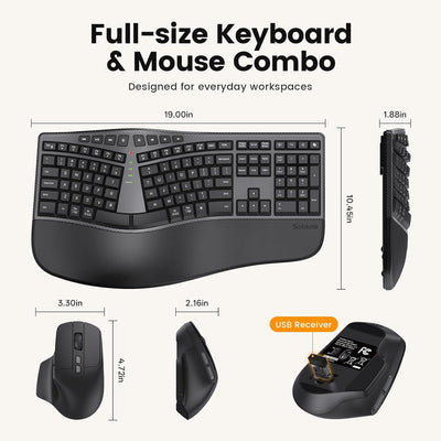 Full-Size Wireless Split Curved Keyboard, Cushioned Wrist Rest, 2.4GHz, USB-C Rechargeable, Shortcut & Emoji Keys, Win/Mac