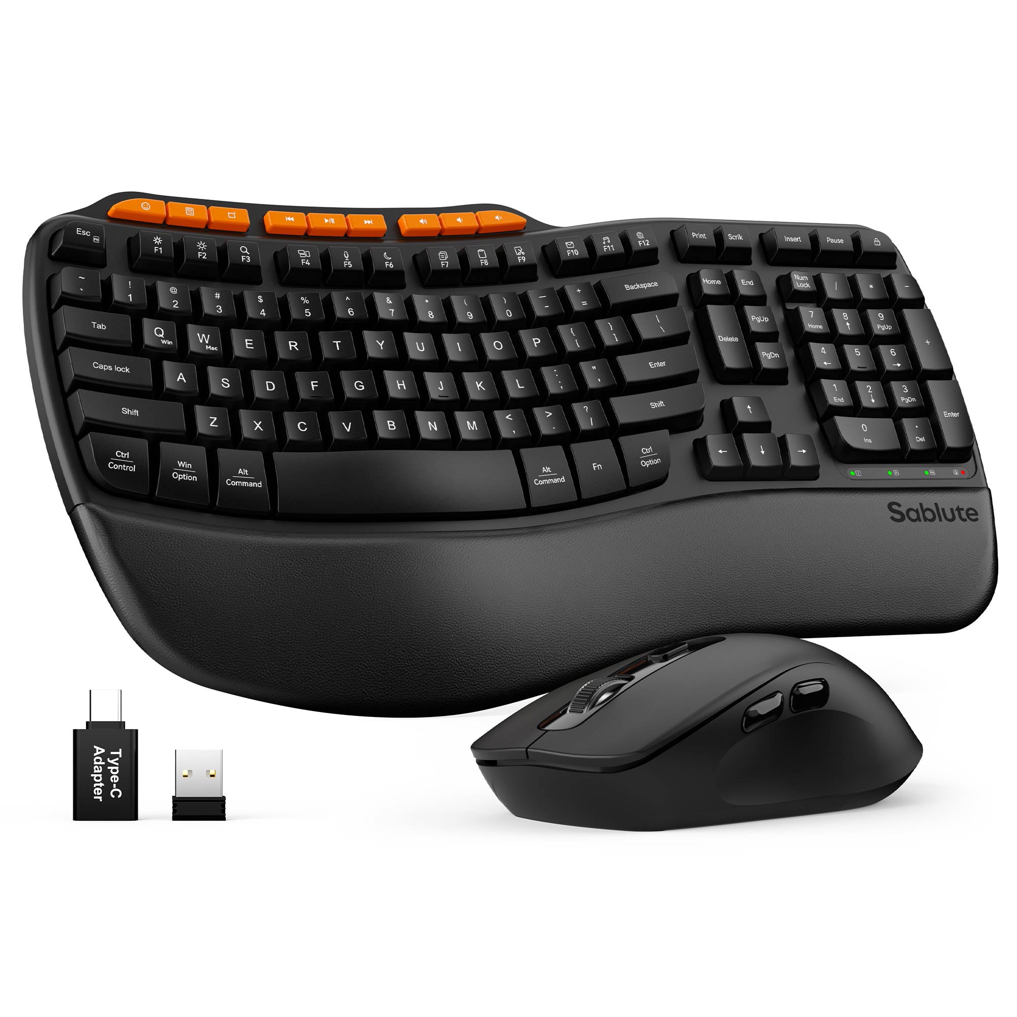 Sablute Wave ergonomic keyboard and mouse combo with faux leather wrist rest quiet typing designed for office home professional workspaces CE1549 Black
