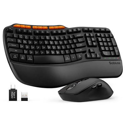 Sablute Wave ergonomic keyboard and mouse combo with faux leather wrist rest quiet typing designed for office home professional workspaces CE1549 Black