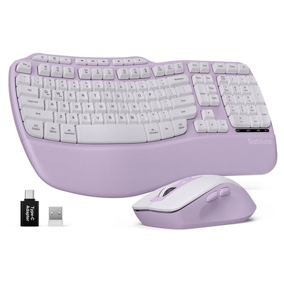 Sablute Wave ergonomic keyboard and mouse combo with faux leather wrist rest quiet typing designed for office home professional workspaces CE1549 Purple