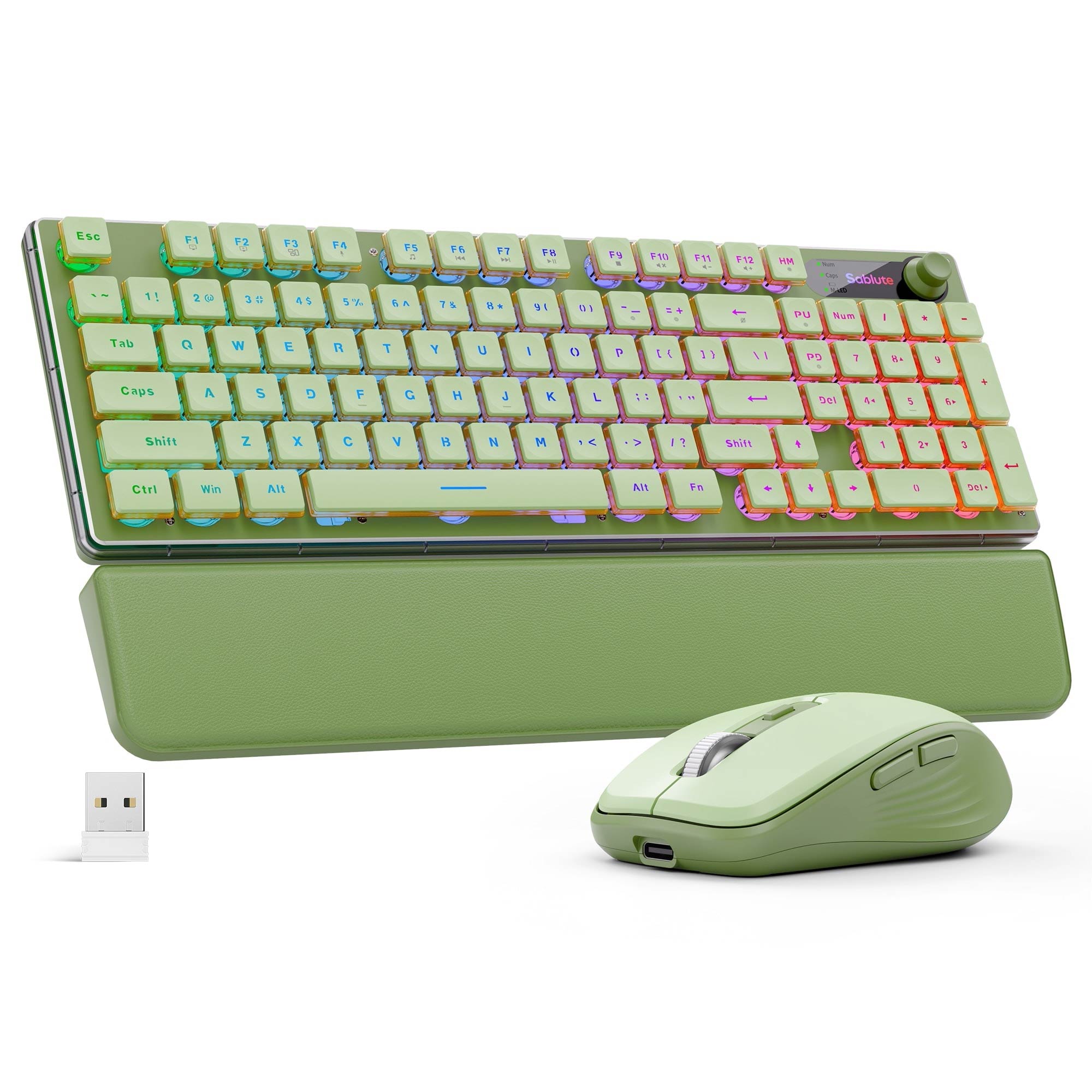 Sablute Wireless RGB backlit keyboard and mouse with pudding keycaps ergonomic typing comfort for office CE1543 Green