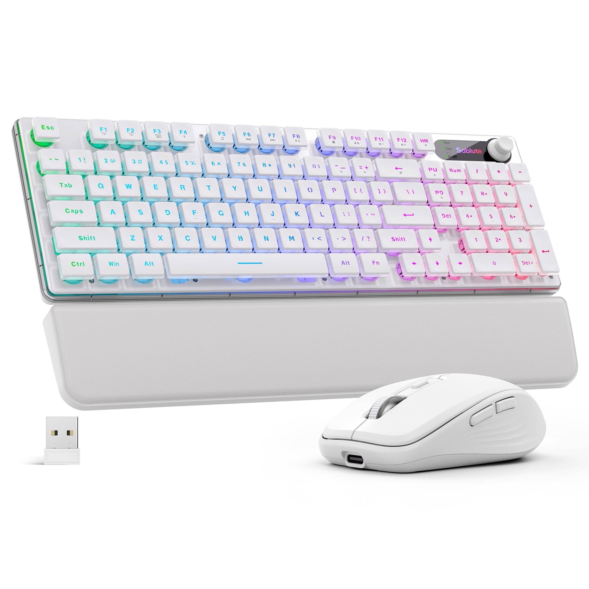 Sablute Wireless RGB backlit keyboard and mouse with pudding keycaps ergonomic typing comfort for office CE1543 White