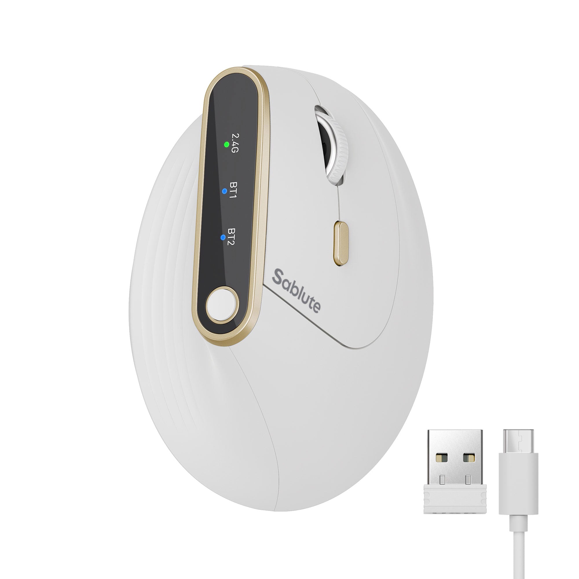 Sablute ergonomic vertical wireless mouse with 8000 DPI precision, 2.4G Wireless Bluetooth connectivity, quiet clicks, and programmable buttons CE1569 White