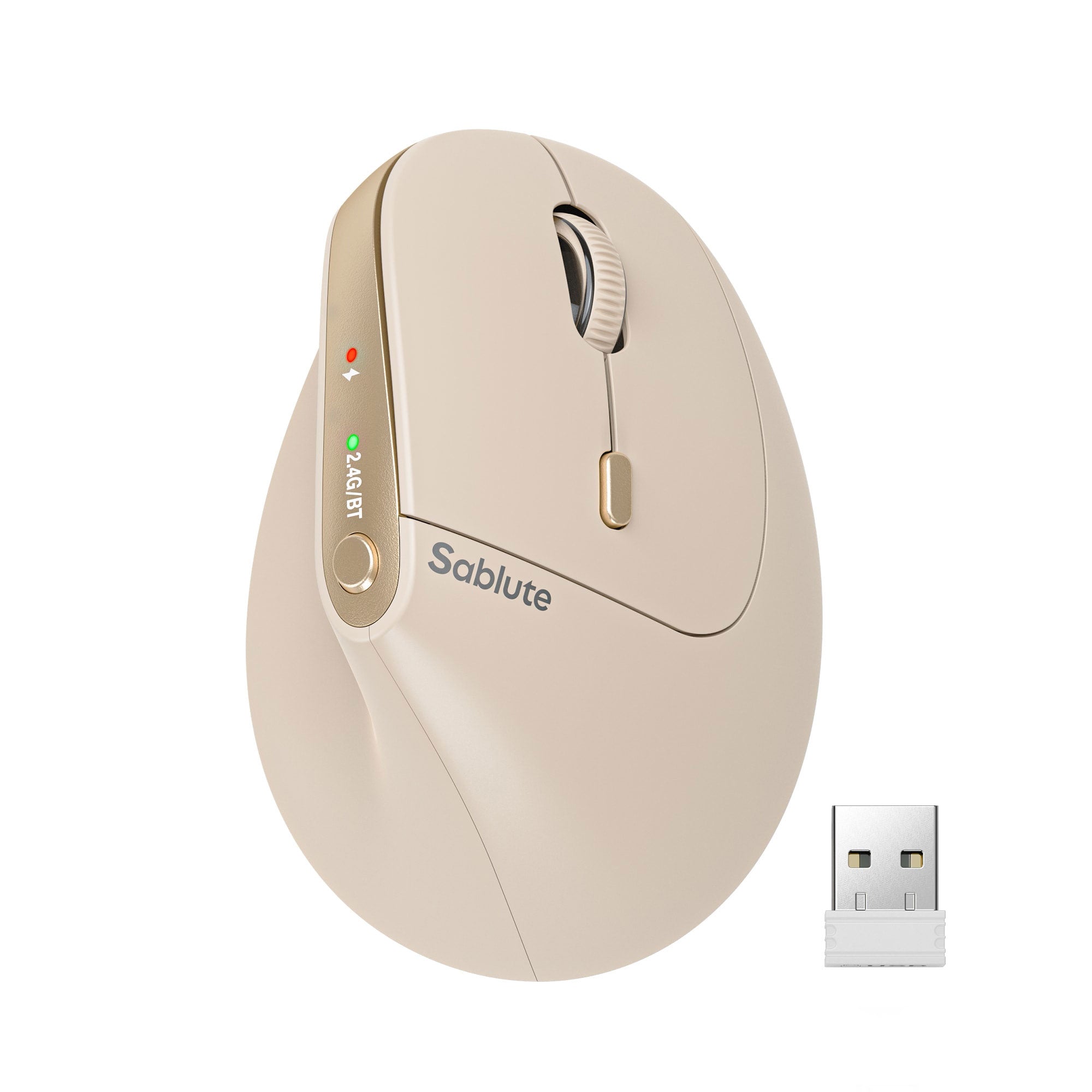 Sablute ergonomic vertical wireless mouse with silent clicks, rechargeable battery, Bluetooth, and adjustable DPI for long-hour computer use CE1560 Beige