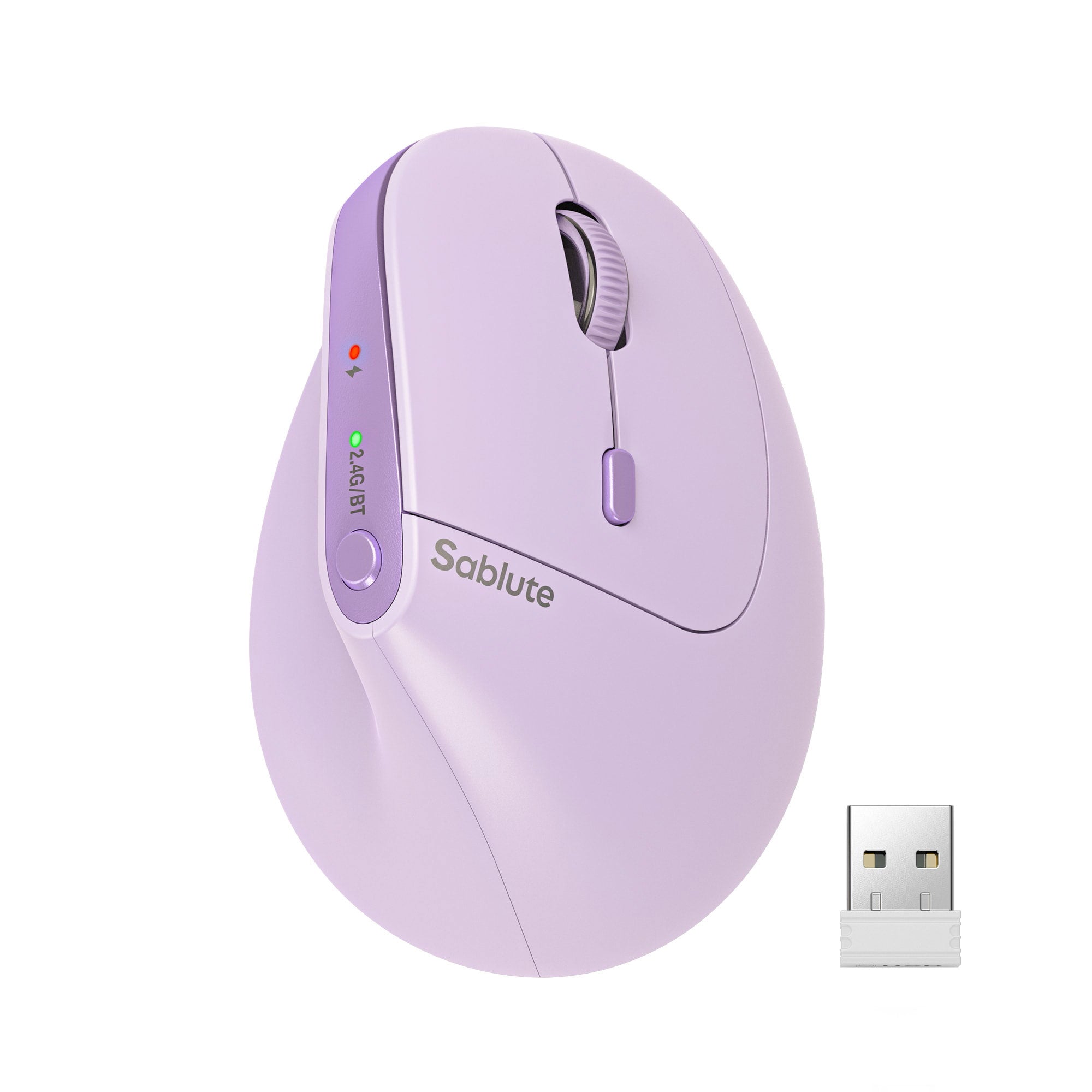 Sablute ergonomic vertical wireless mouse with silent clicks, rechargeable battery, Bluetooth, and adjustable DPI for long-hour computer use CE1560 Purple