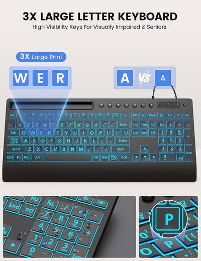 Sablute Wired Large Print Backlit Keyboard K31PRO