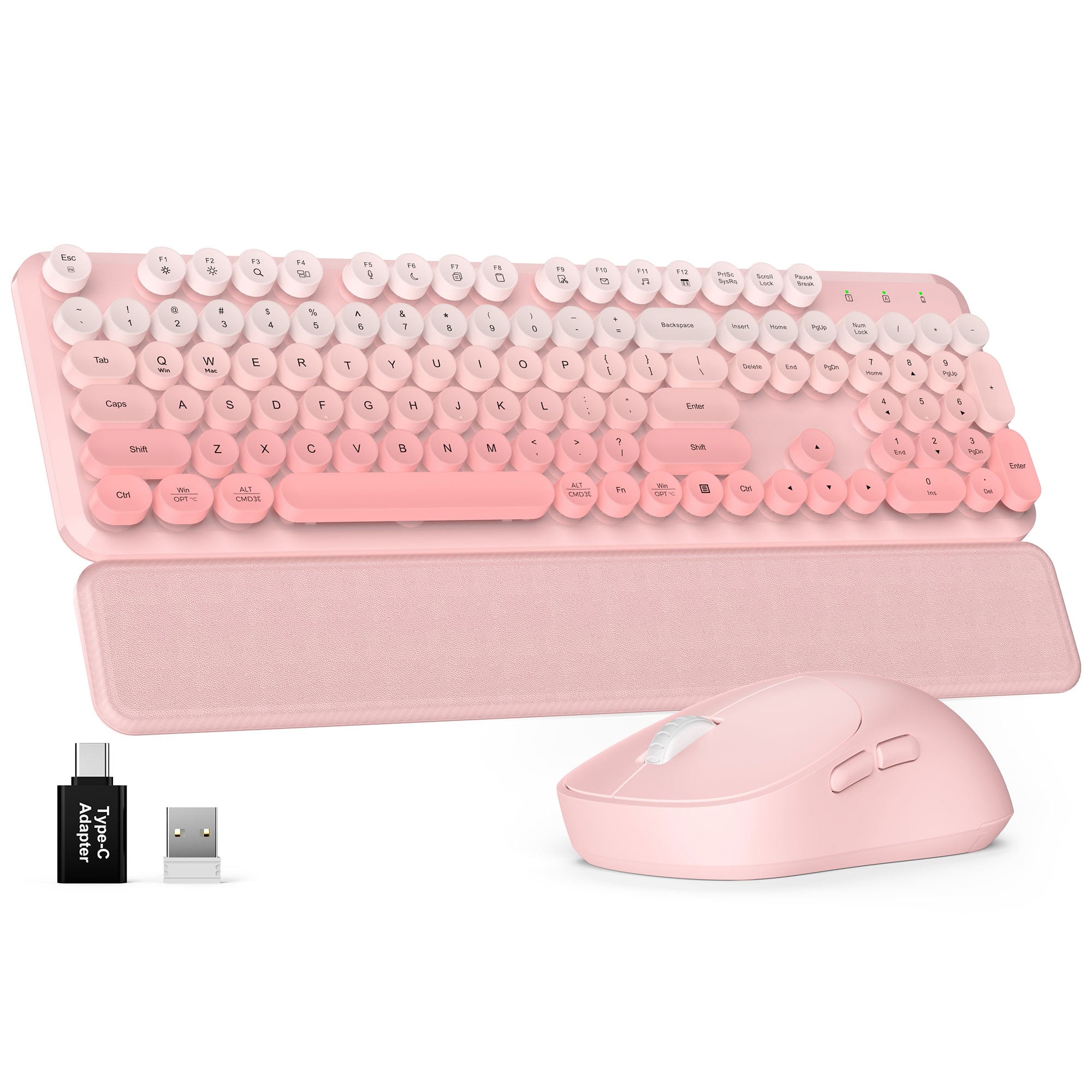 Sablute retro wireless keyboard and mouse combo with typewriter round keys, magnetic wrist rest, ergonomic mouse, and stable 2.4GHz wireless connectivity CE1562 Pink