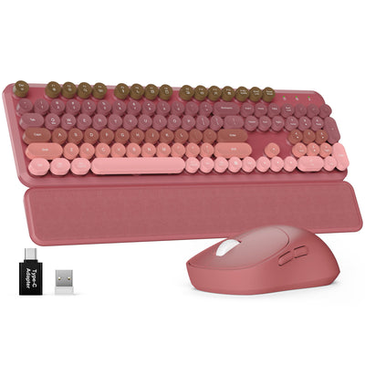 Sablute retro wireless keyboard and mouse combo with typewriter round keys, magnetic wrist rest, ergonomic mouse, and stable 2.4GHz wireless connectivity CE1562 Rose
