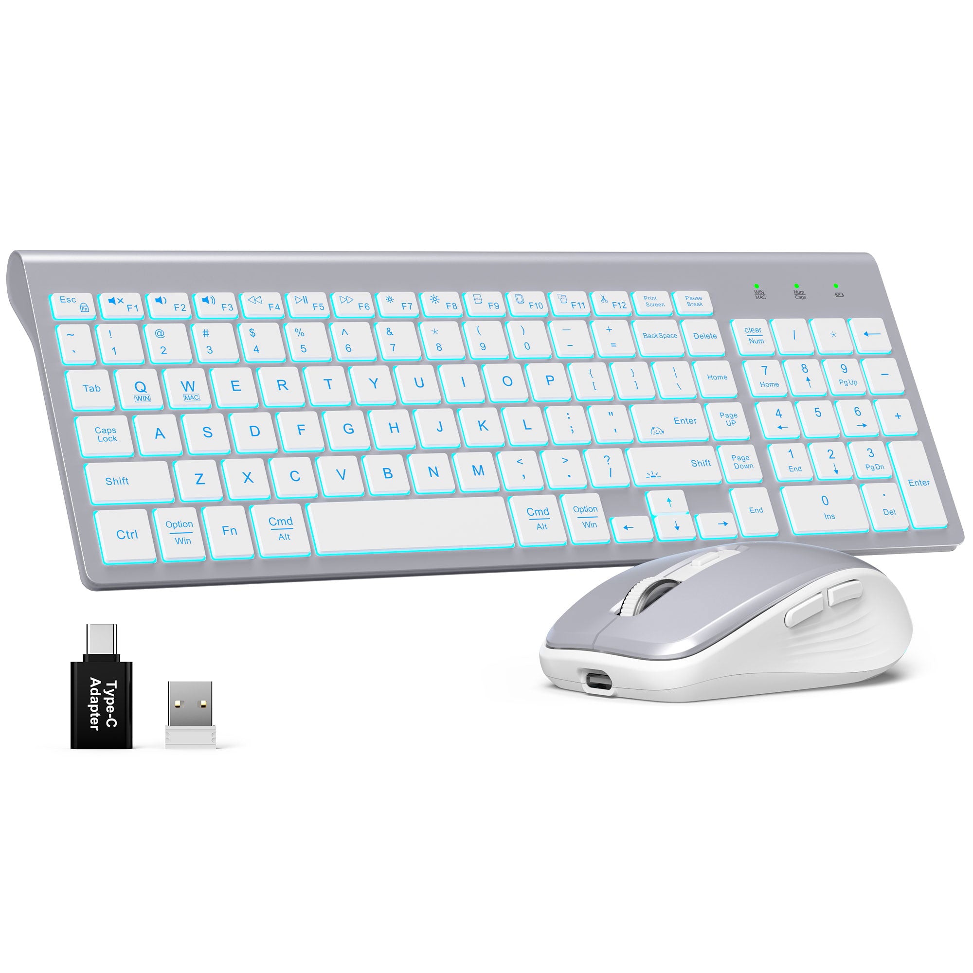 Sablute wireless keyboard and mouse combo with RGB backlit keyboard 2.4G mouse and Mac Windows compatibility for office and home use CE1496 Silver