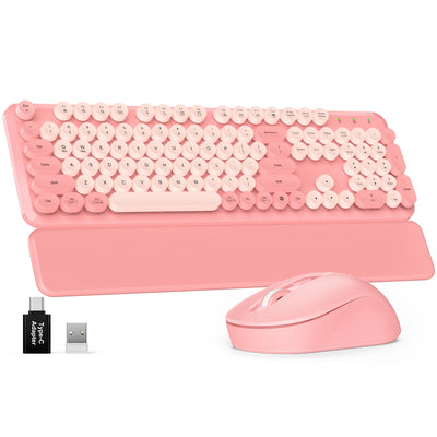 Sablute wireless keyboard and mouse combo with retro typewriter round keycap ergonomic typing angle ideal for home office students and cute desk accessories CE1555 Baby Pink