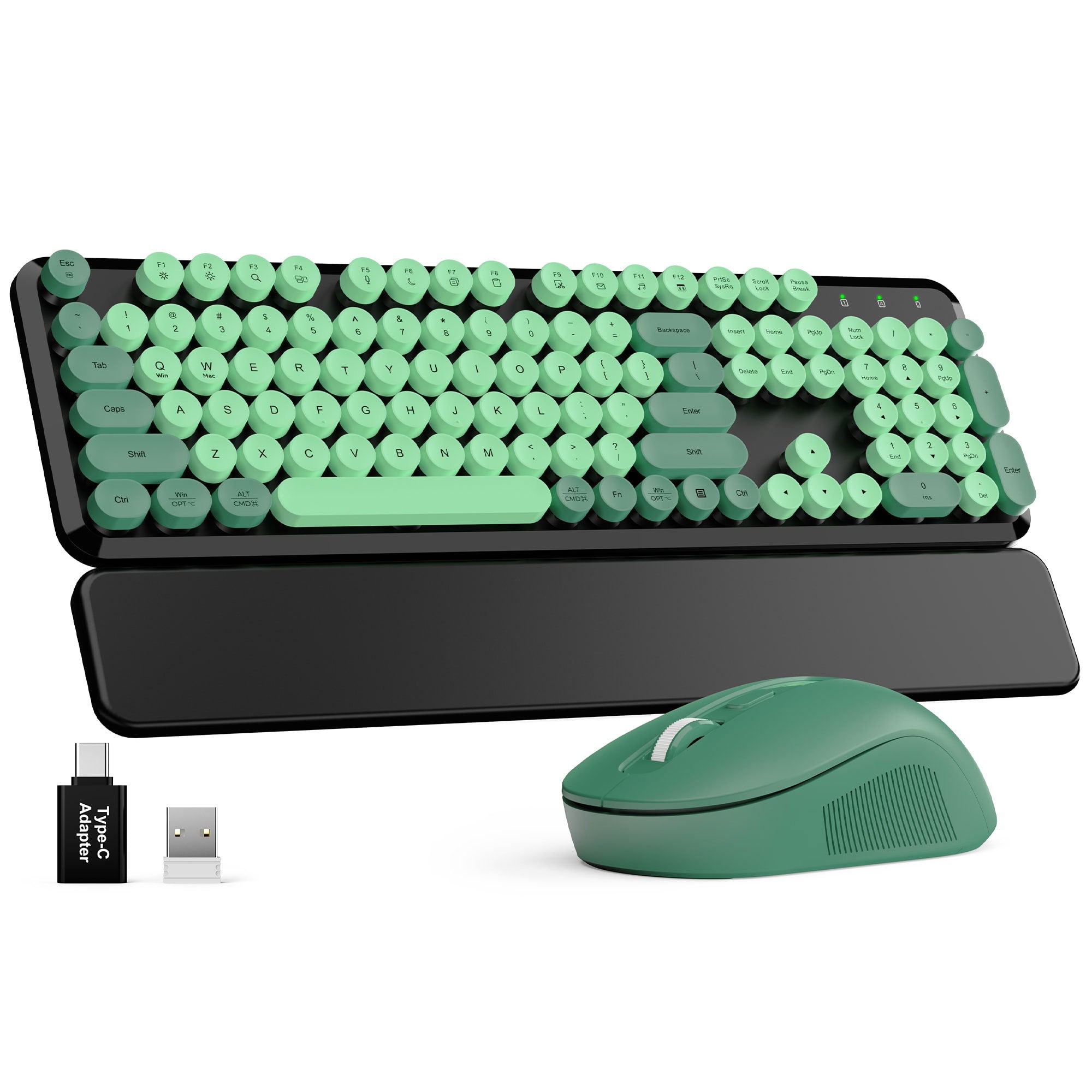Sablute wireless keyboard and mouse combo with retro typewriter round keycap ergonomic typing angle ideal for home office students and cute desk accessories CE1555 Green