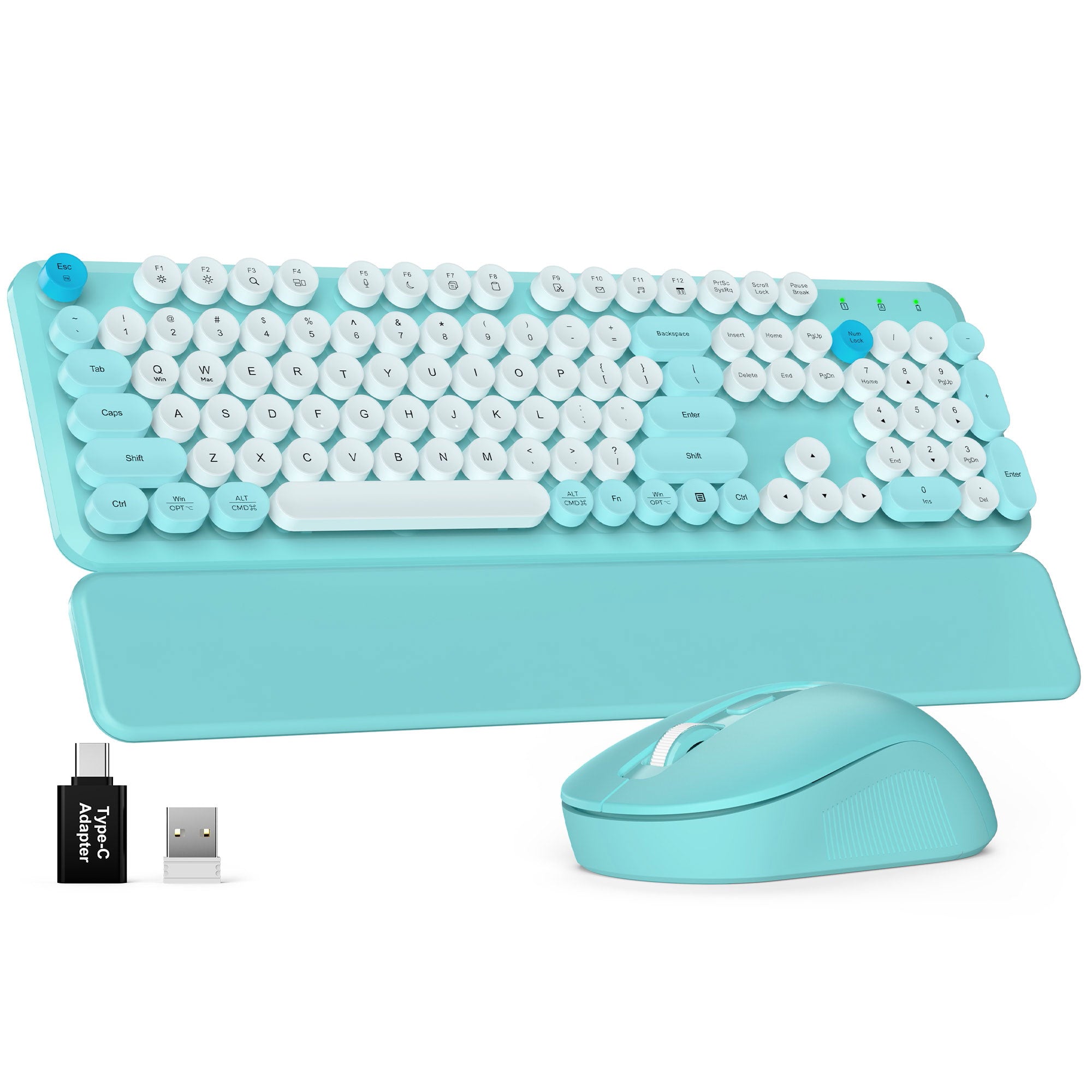 Sablute wireless keyboard and mouse combo with retro typewriter round keycap ergonomic typing angle ideal for home office students and cute desk accessories CE1555 Robin Egg Blue