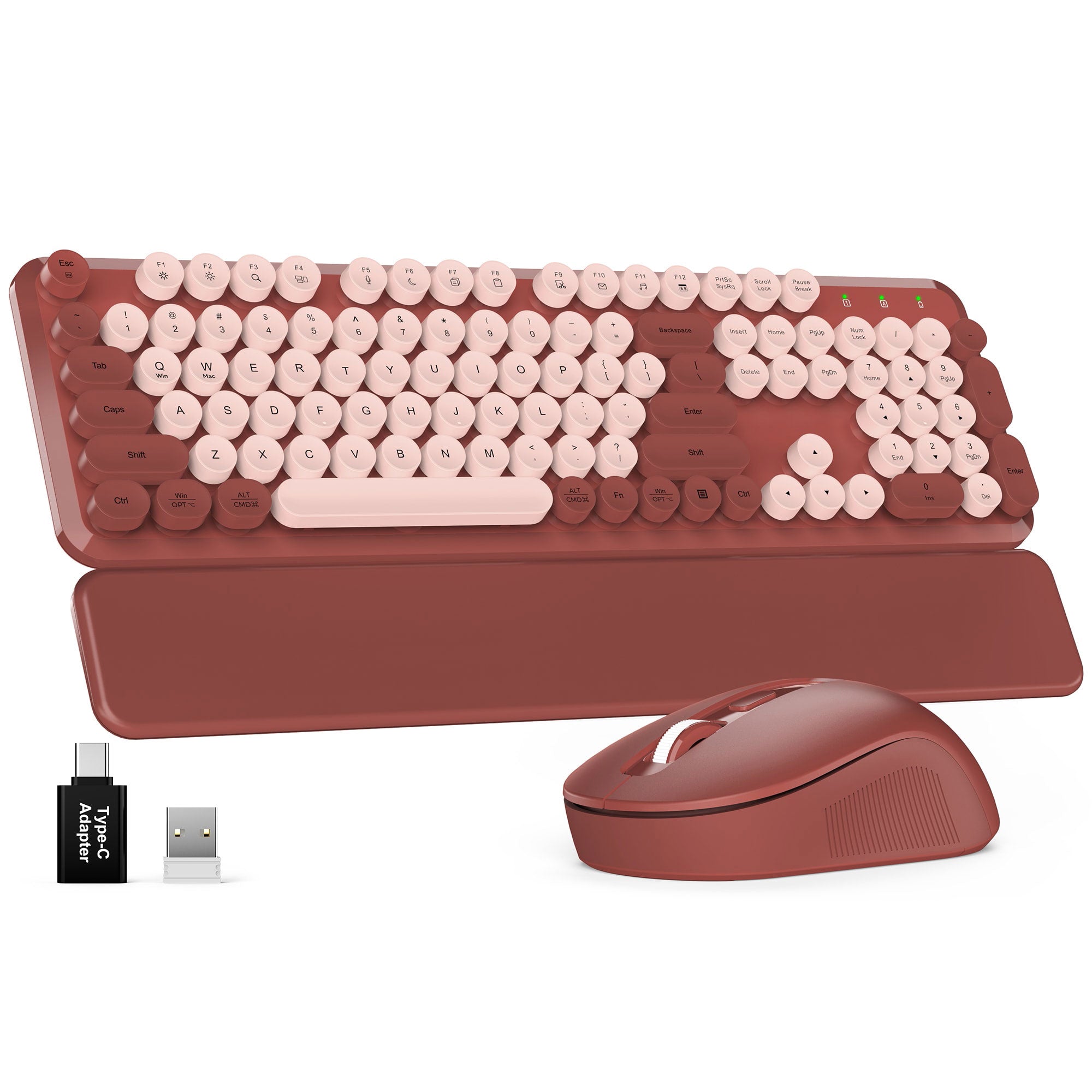 Sablute wireless keyboard and mouse combo with retro typewriter round keycap ergonomic typing angle ideal for home office students and cute desk accessories CE1555 Wine Red